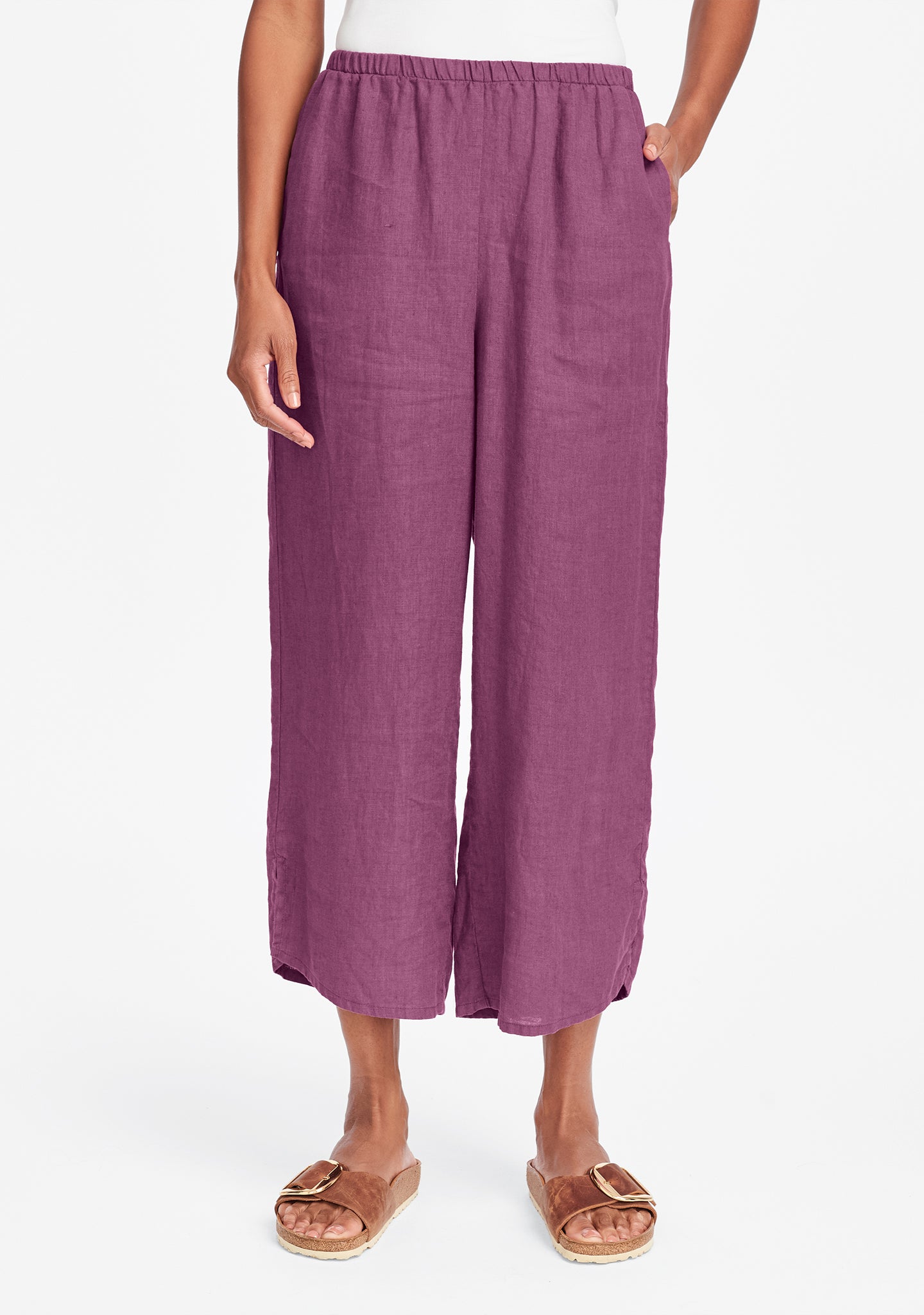 airy floods linen pants with elastic waist purple