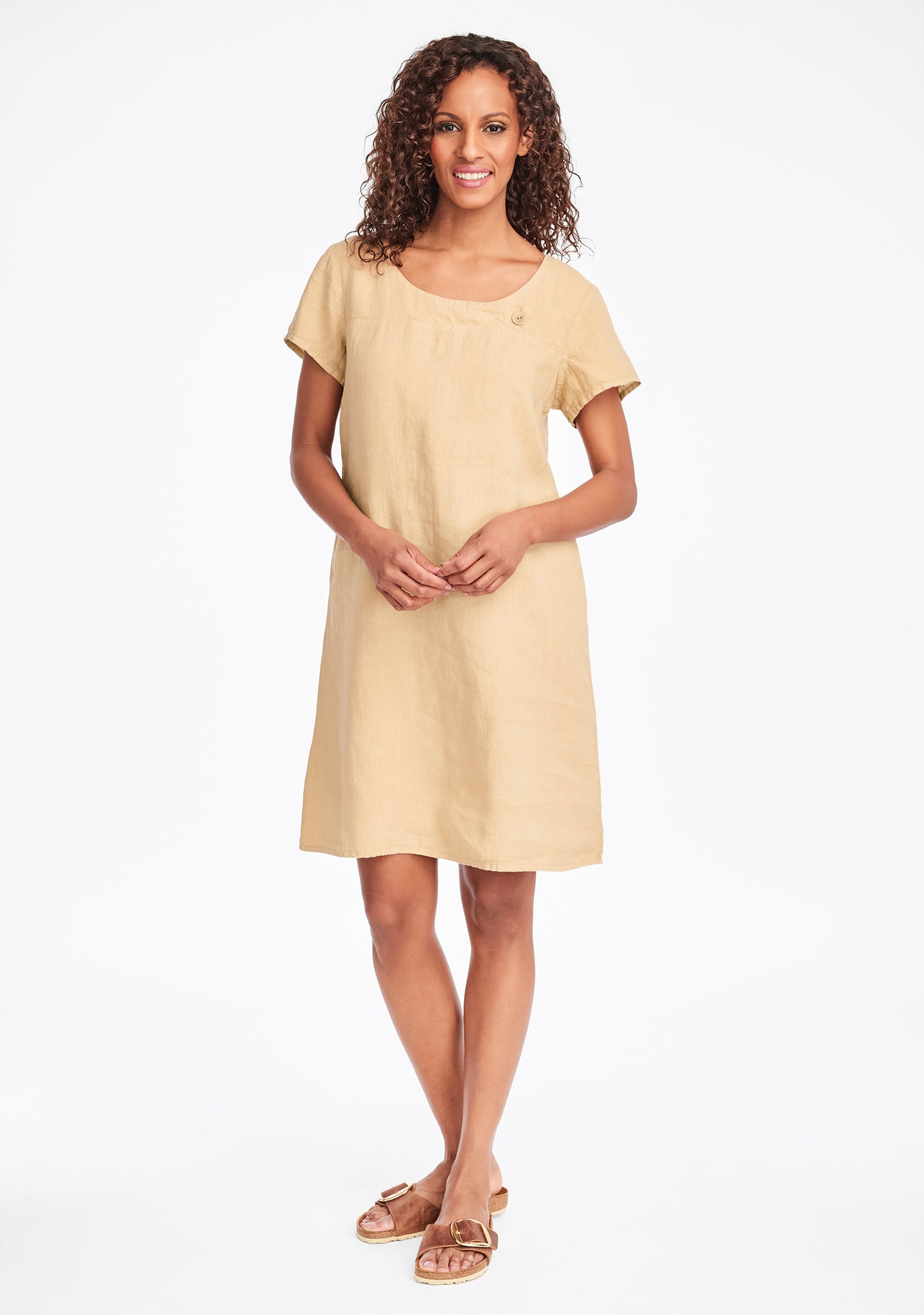 button dress linen shift dress yellow