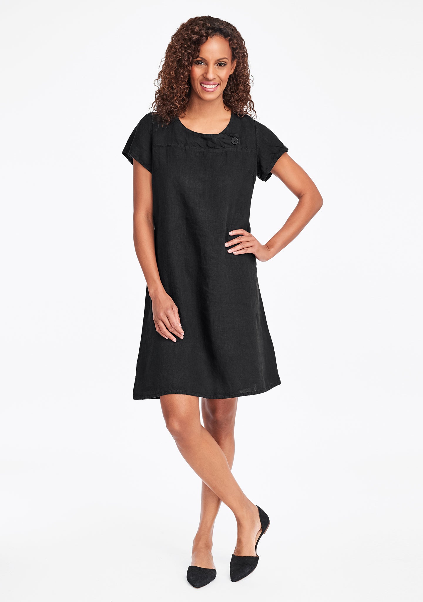button dress linen shift dress black