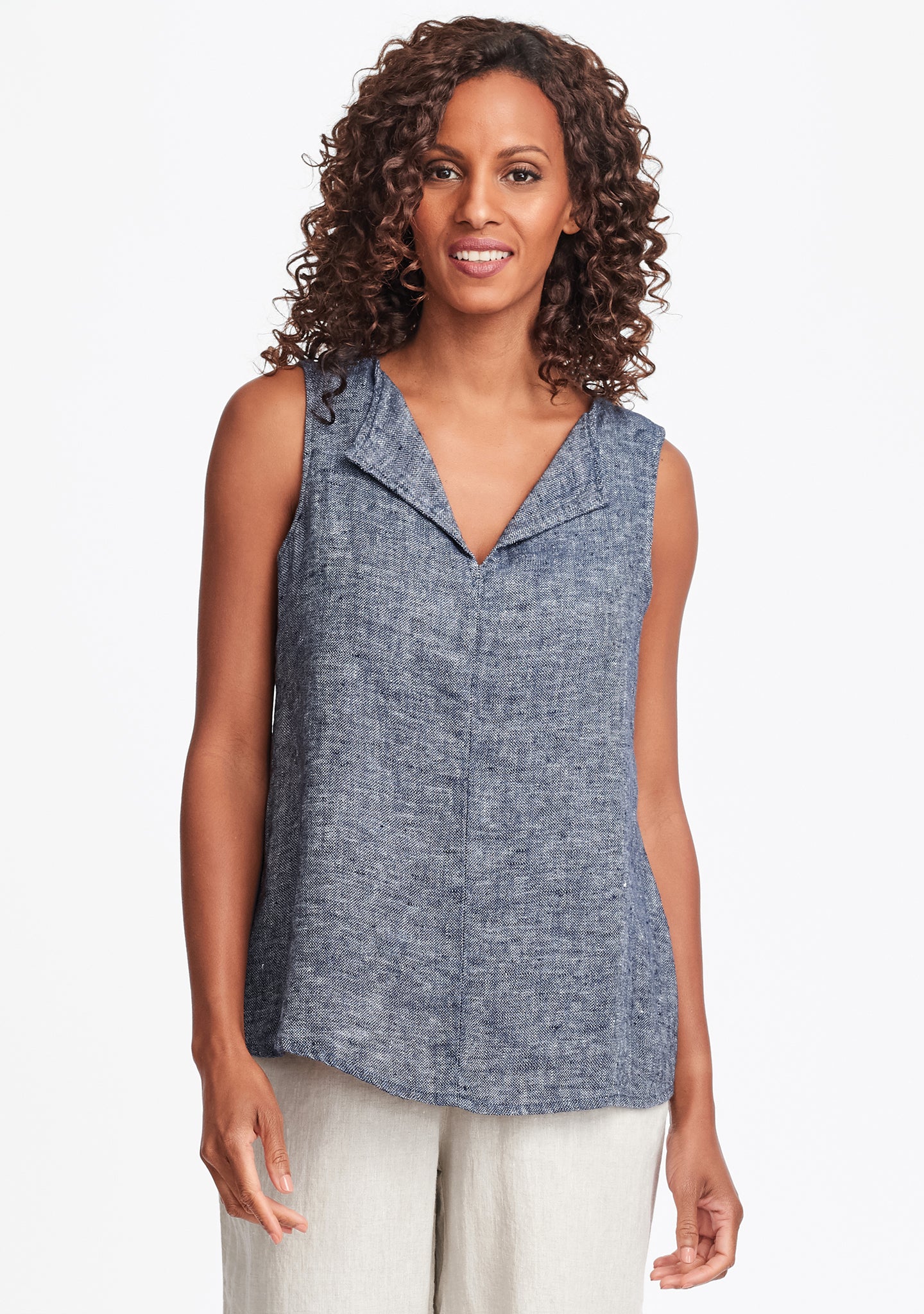 collared tank linen tank top blue