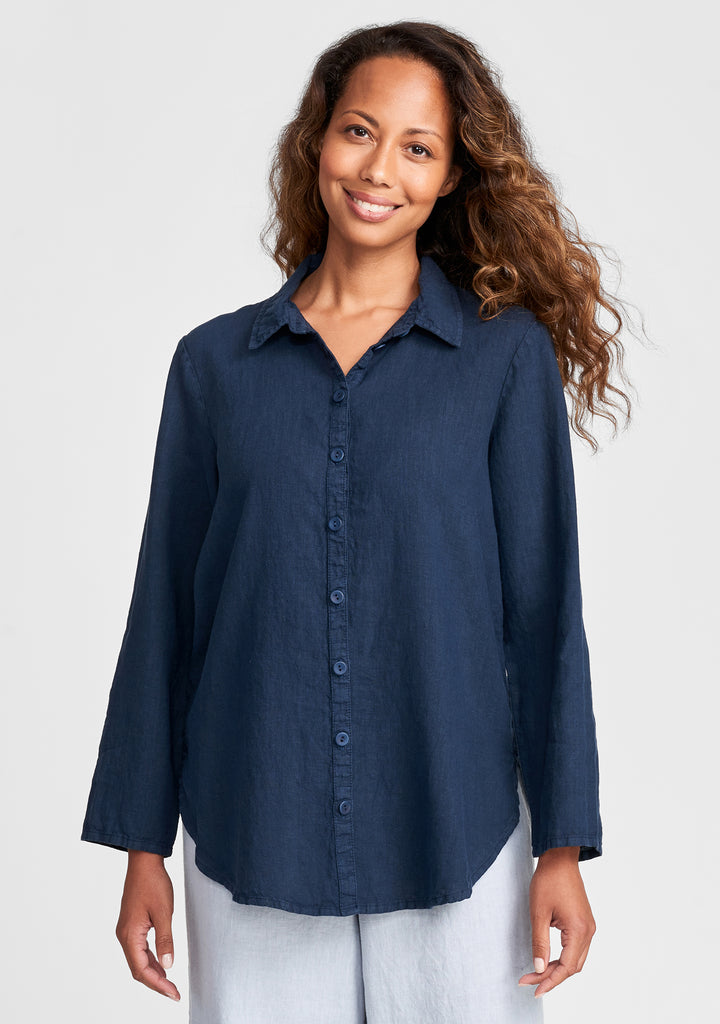 crossroads blouse linen button down shirt blue
