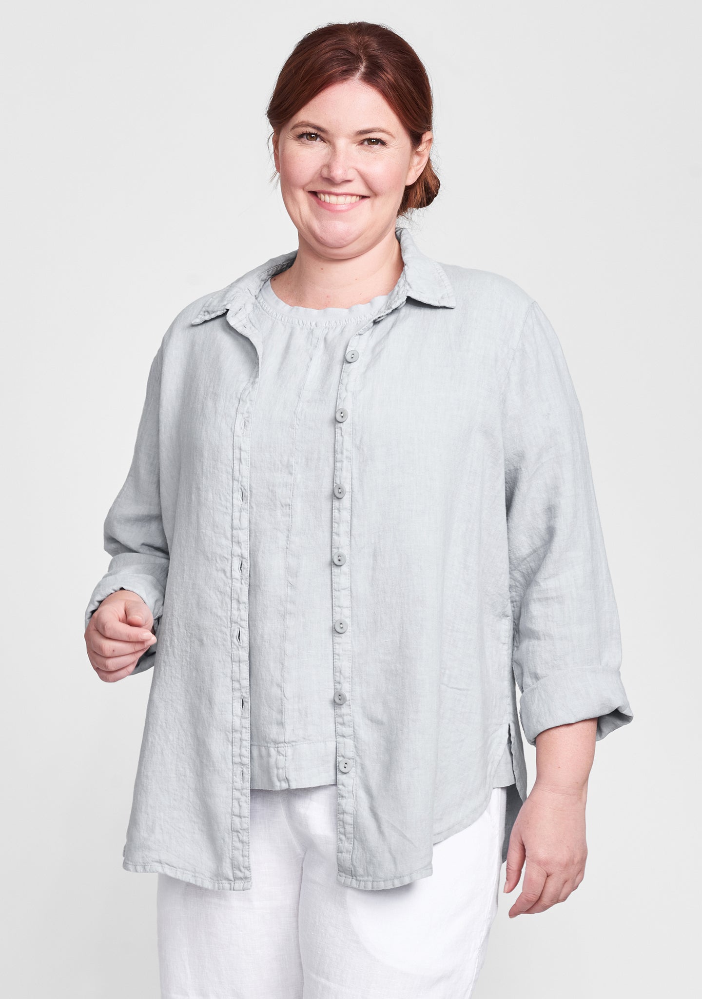 crossroads blouse linen button down shirt grey