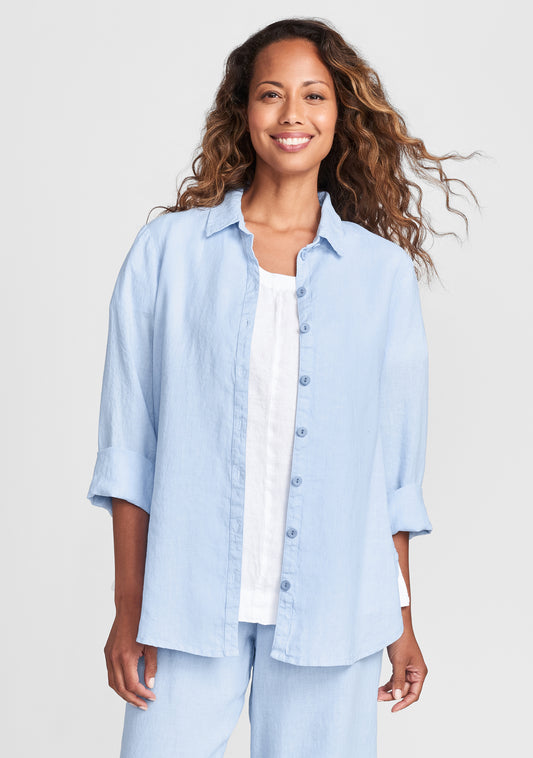 crossroads blouse linen button down shirt blue