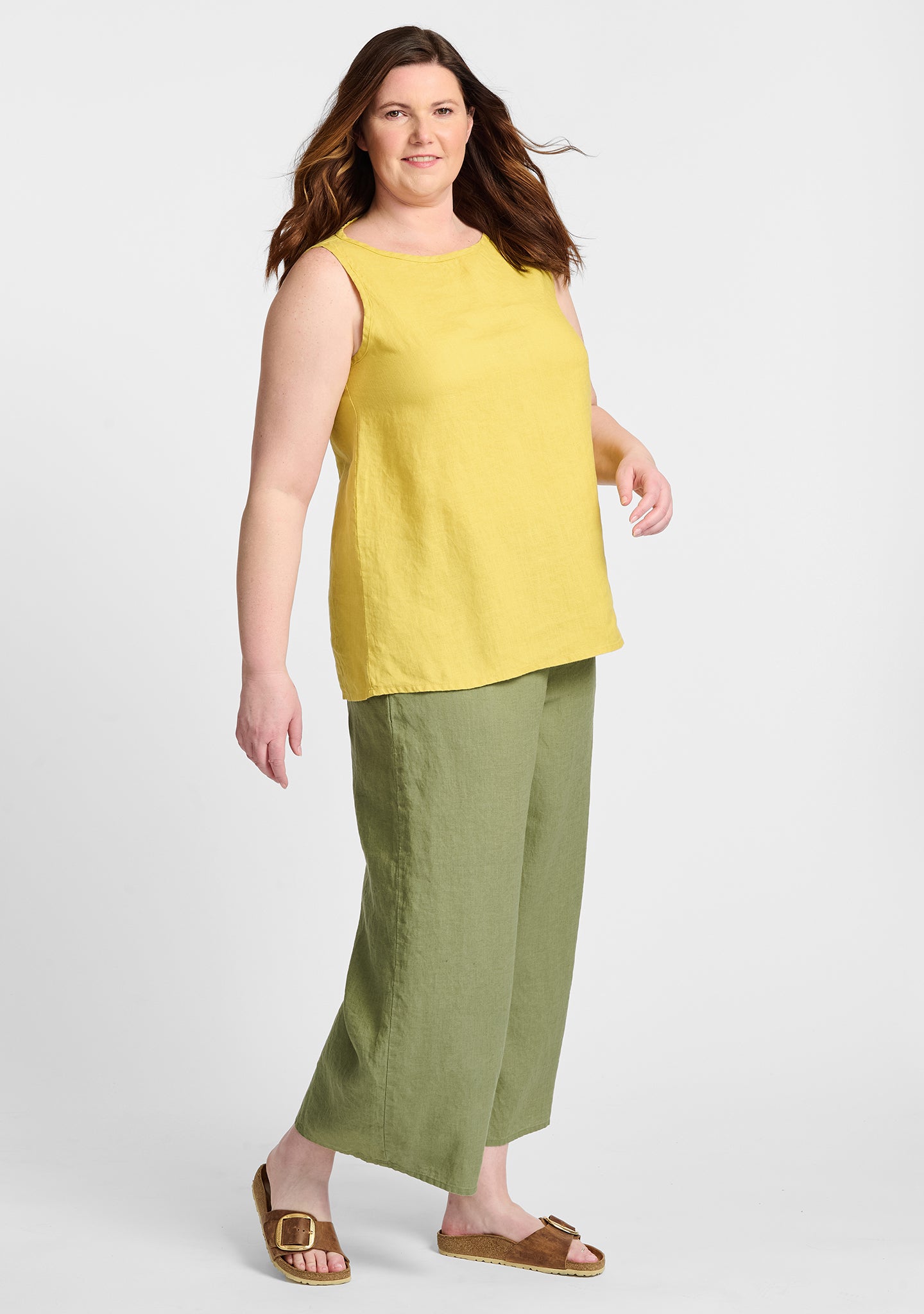FLAX linen tank in yellow with linen pants in green