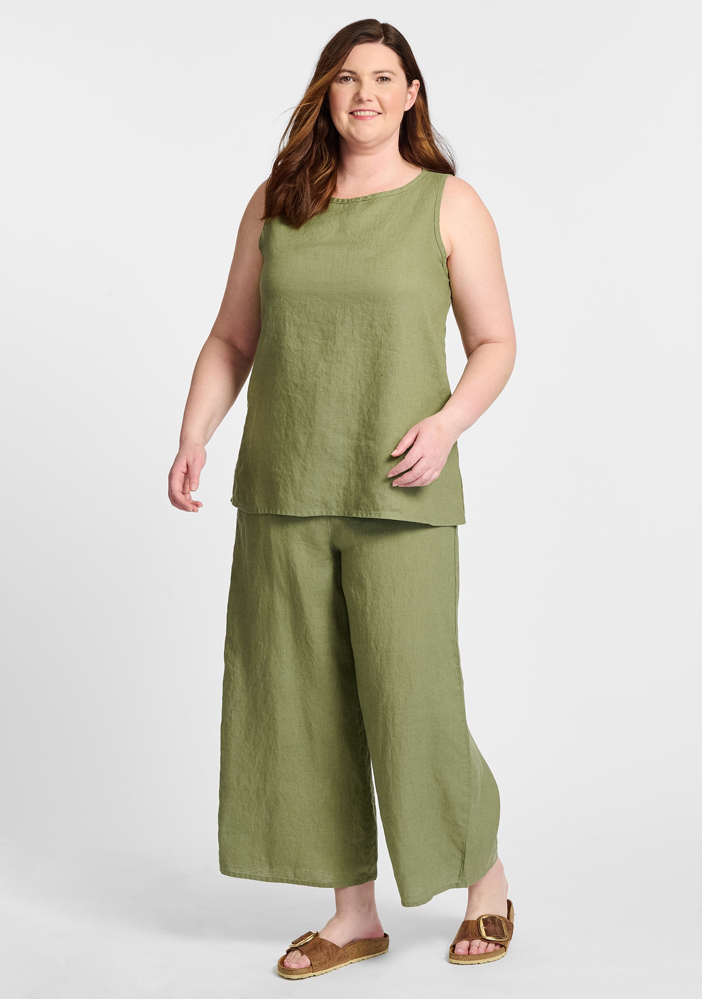 FLAX linen tank in green with linen pants in green