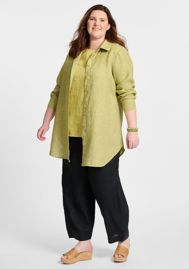 FLAX linen shirt in yellow with linen tank in yellow and linen pants in black