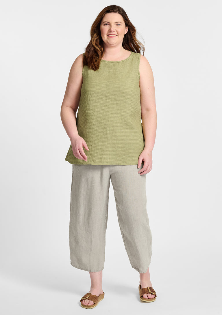 FLAX linen tank in green with linen pants in natural