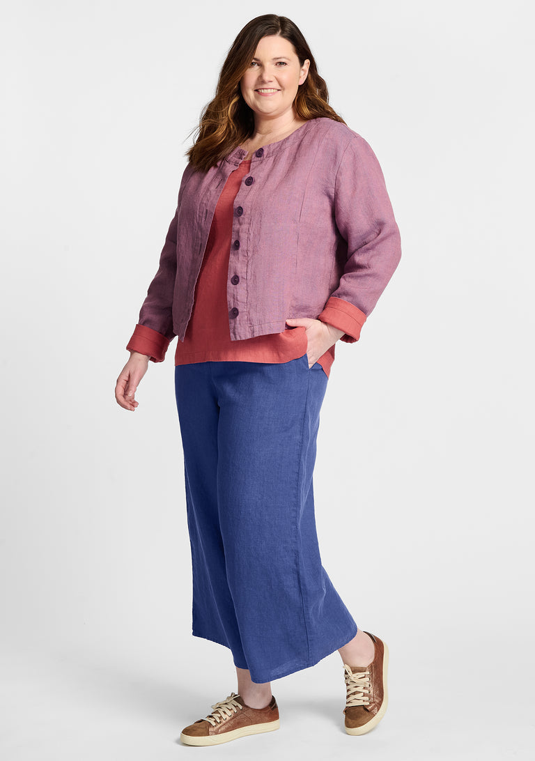 FLAX linen blouse in purple with linen shirt in red and linen pants in blue