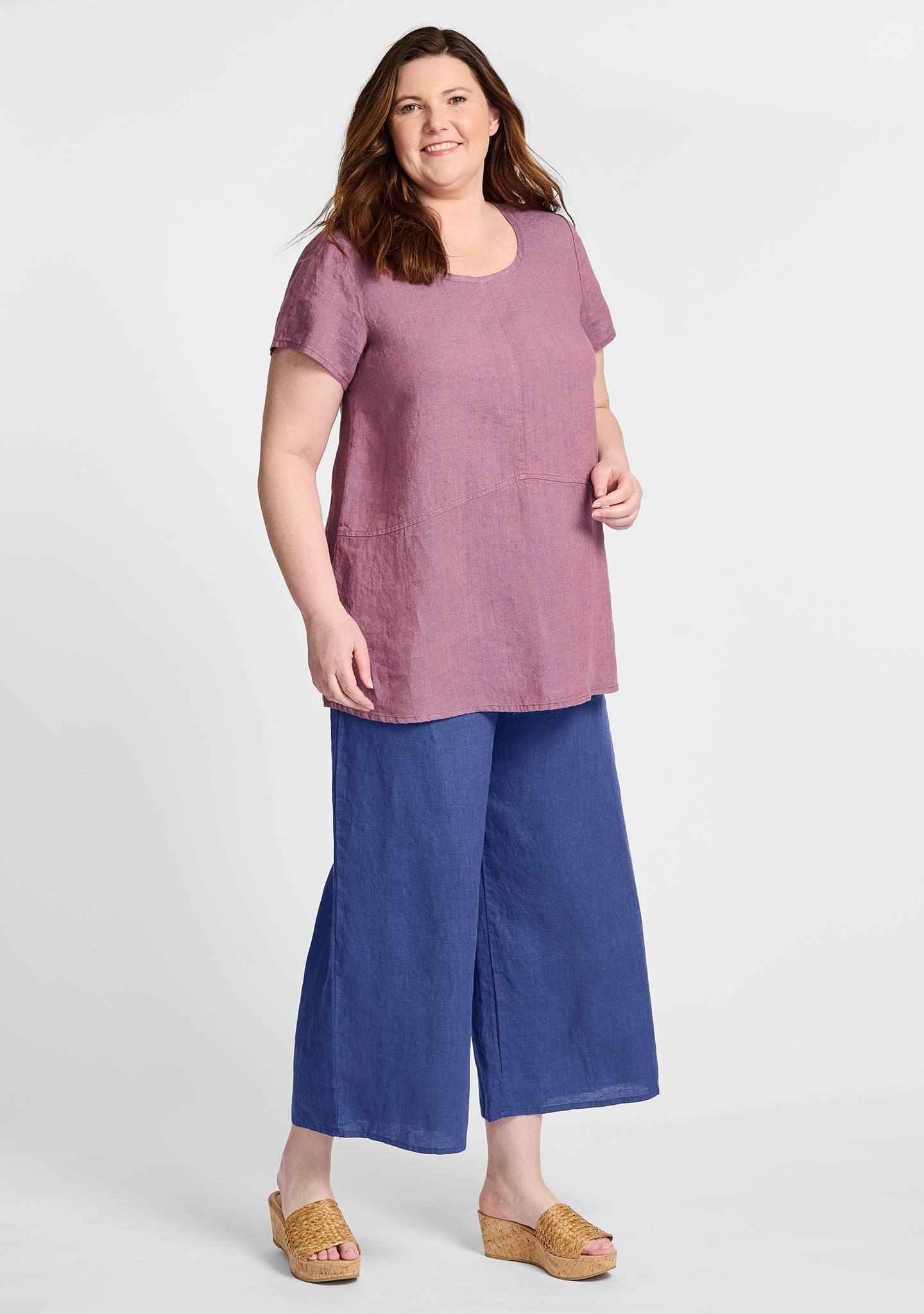 FLAX linen shirt in purple with linen pants in blue