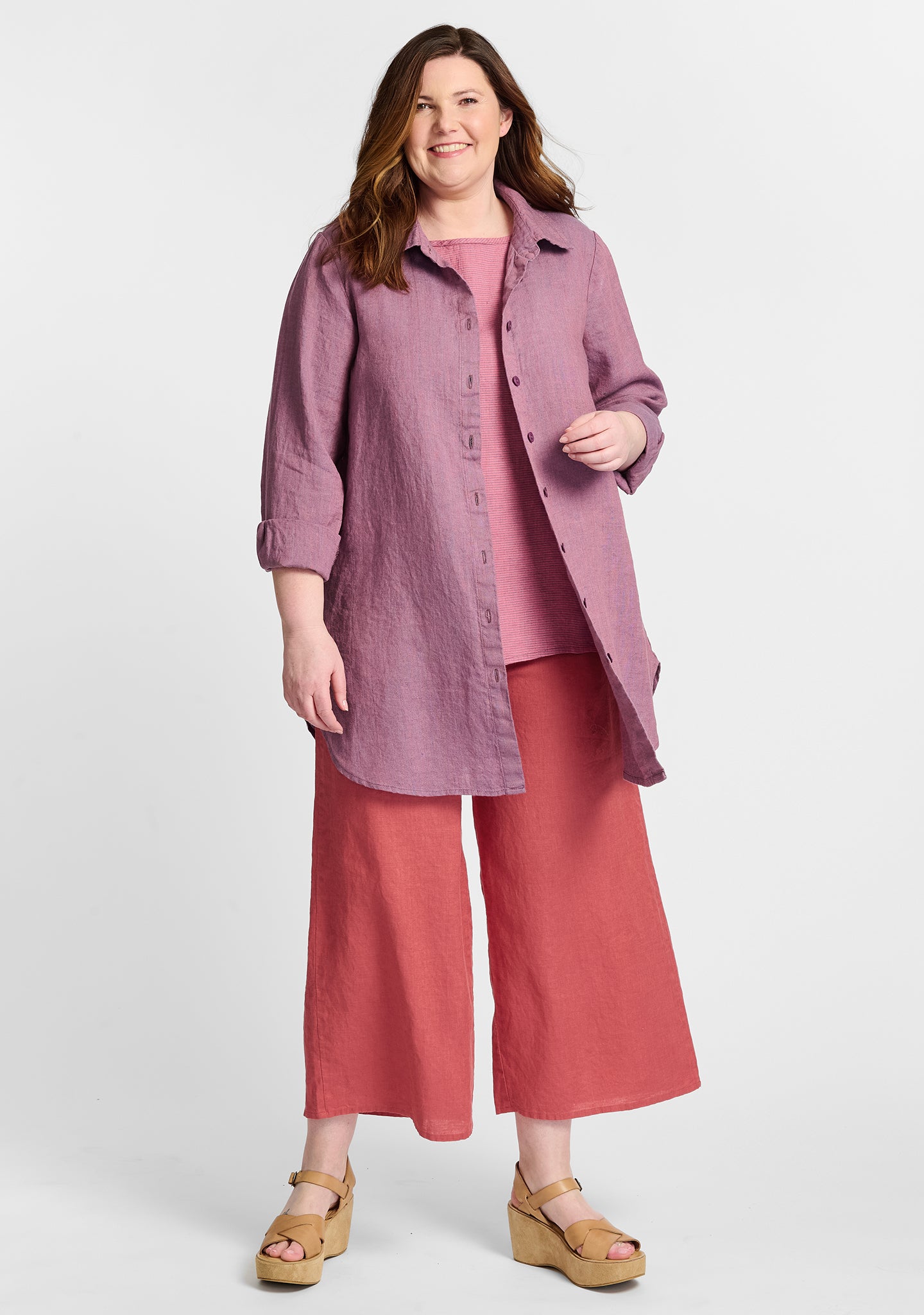 FLAX linen blouse in purple with linen tank in red and linen pants in red