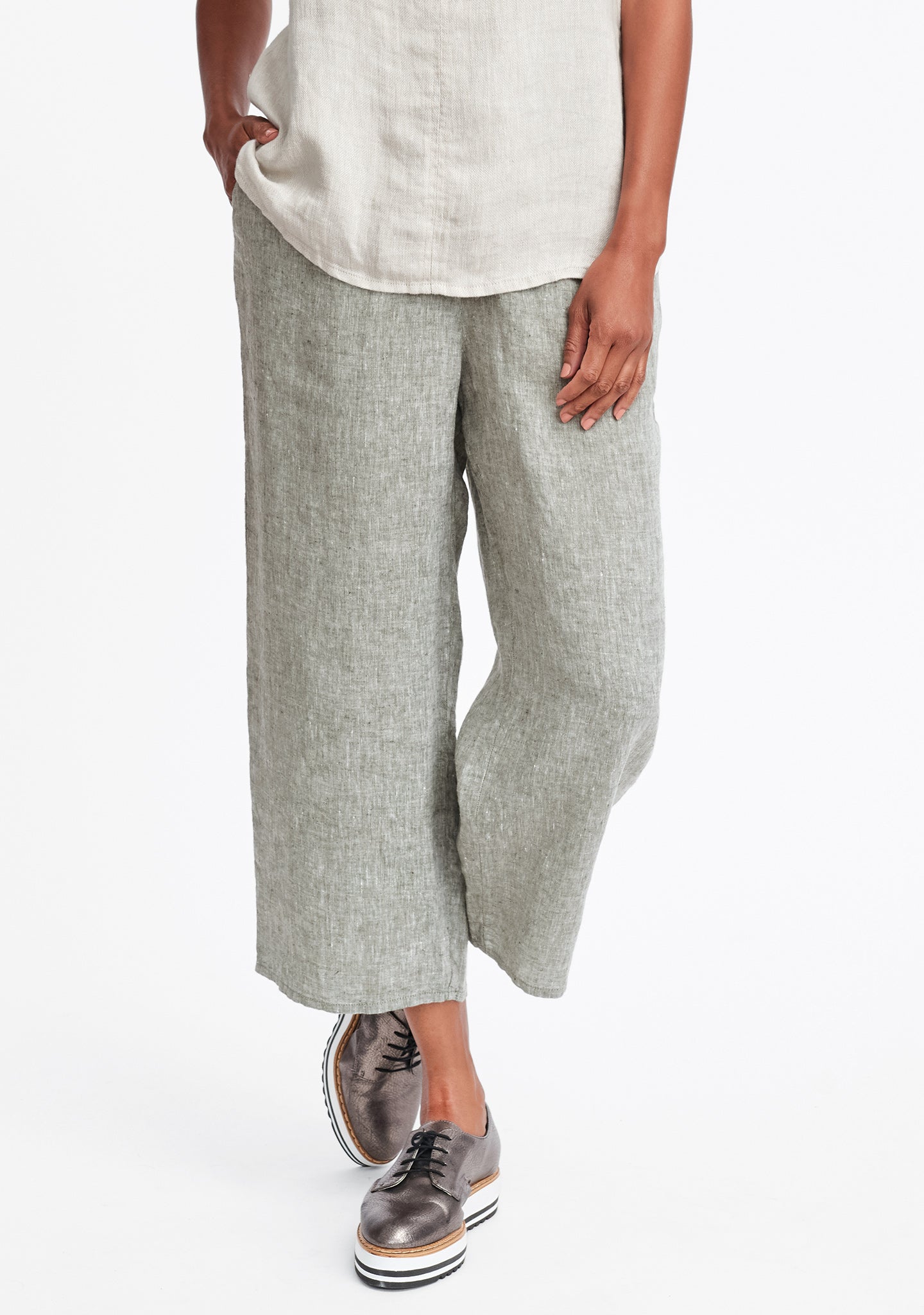 floods linen pants with elastic waist green