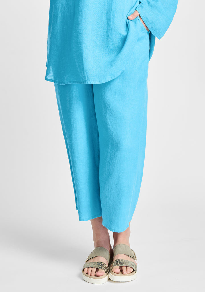 floods linen pants with elastic waist blue
