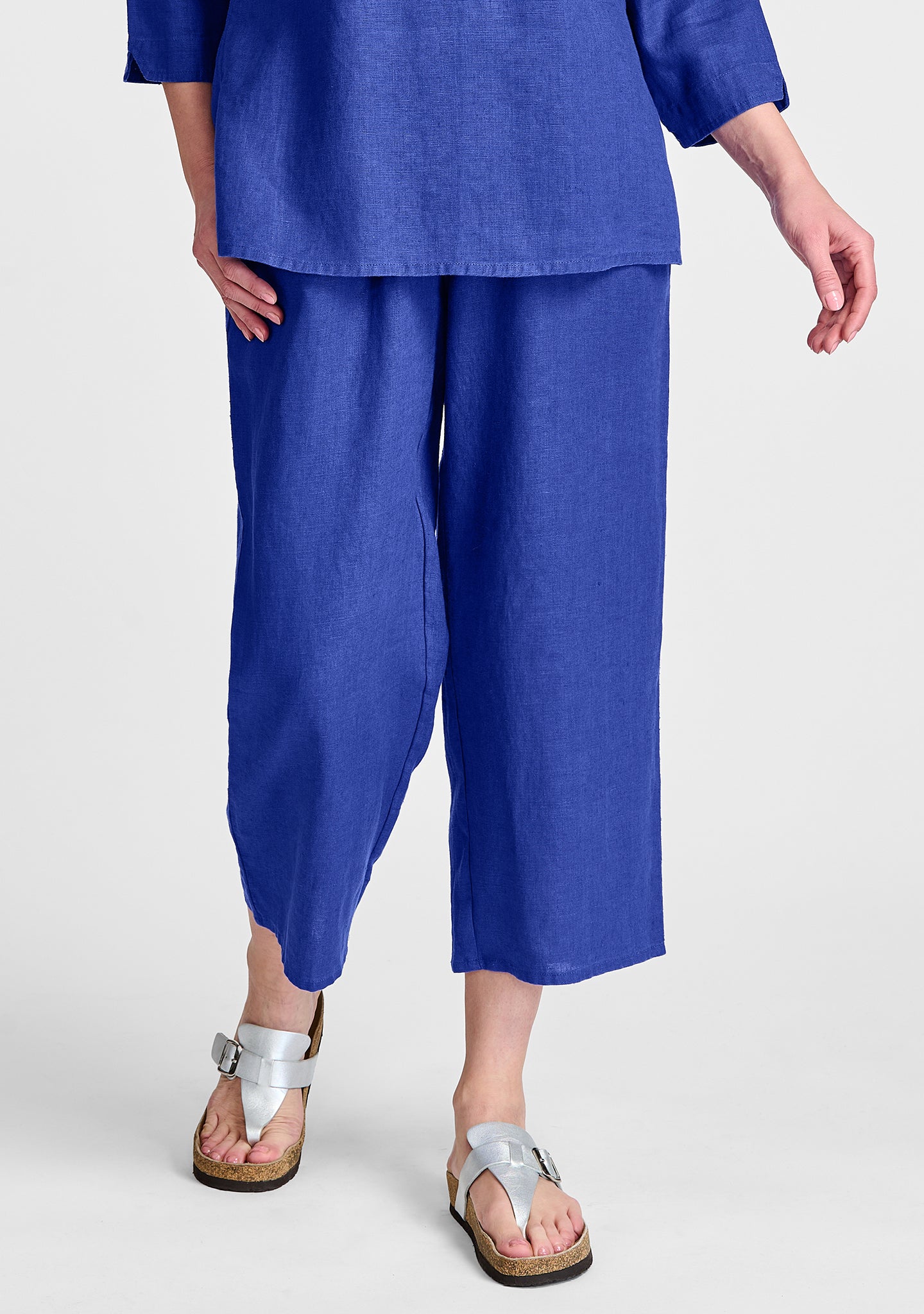floods linen pants with elastic waist blue