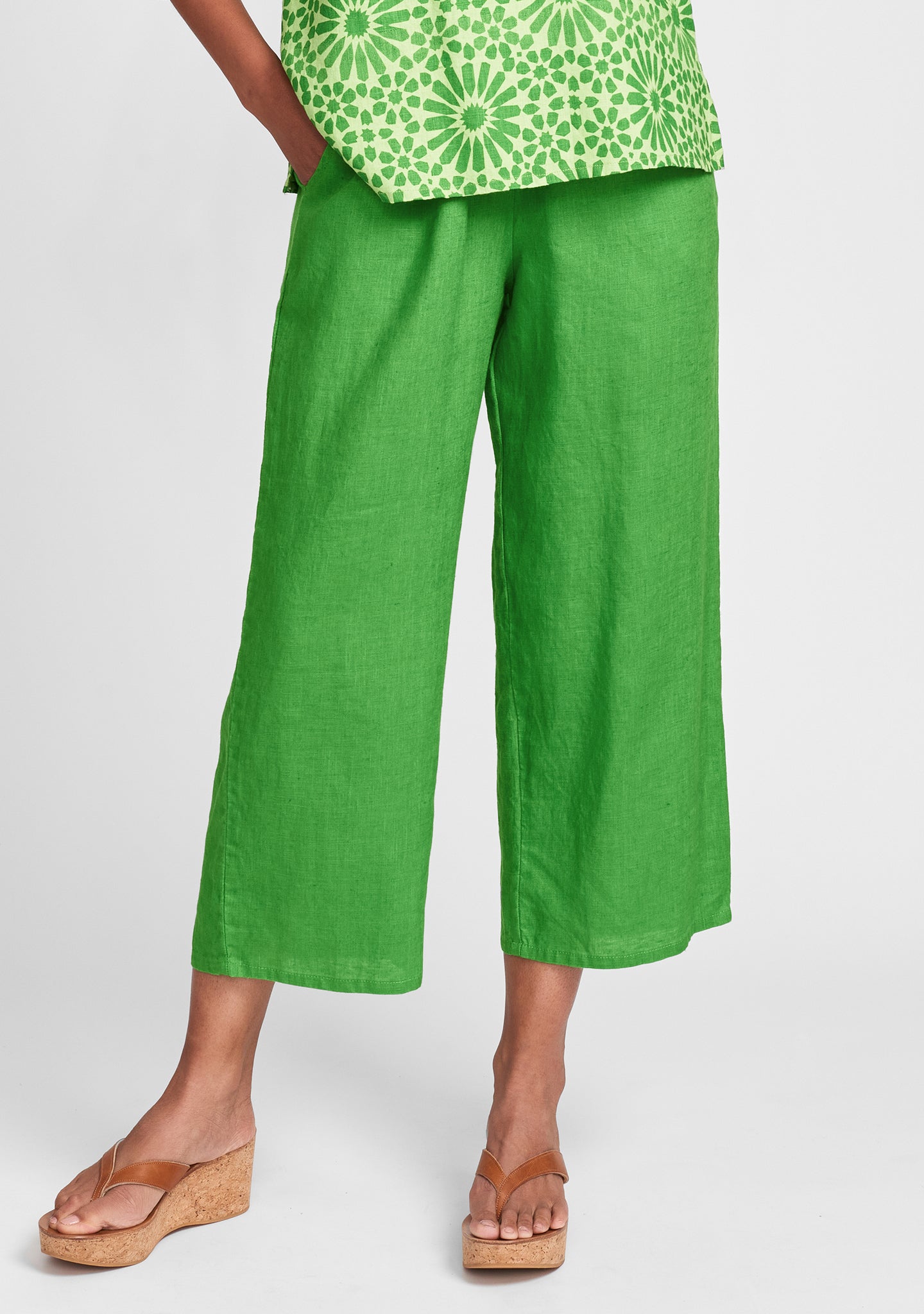 floods linen pants with elastic waist green