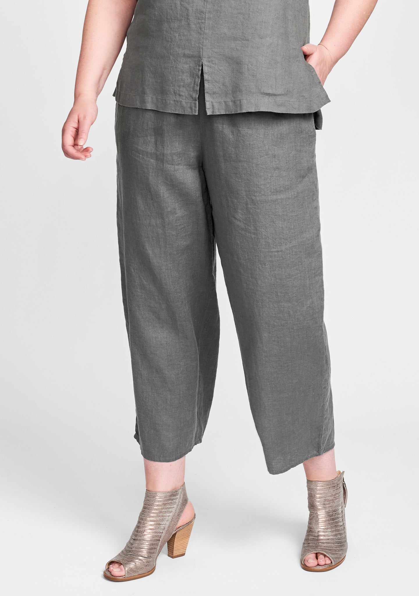 floods linen pants with elastic waist grey