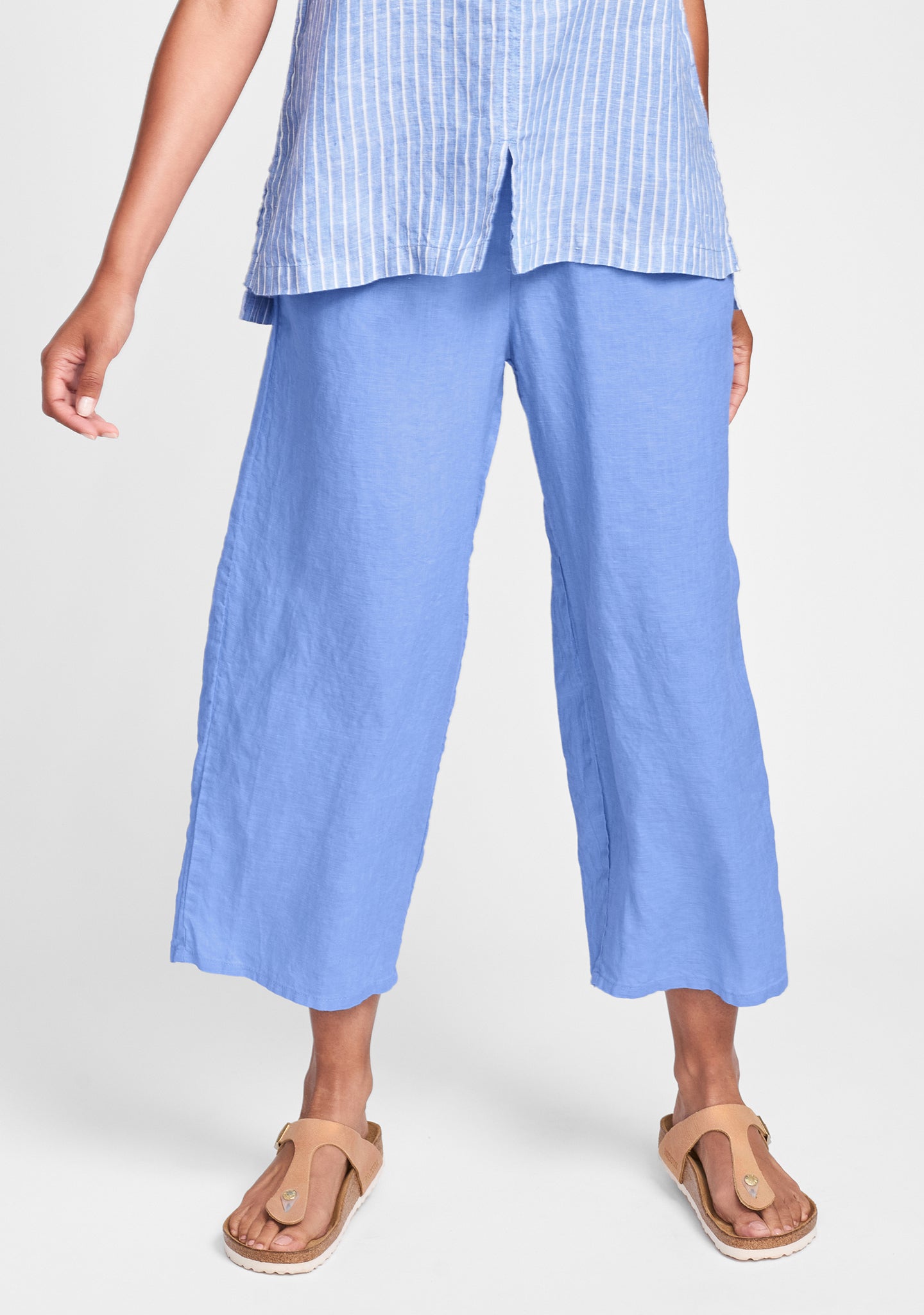 floods linen pants with elastic waist blue