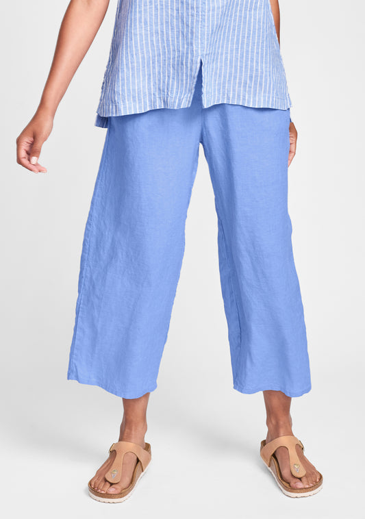 floods linen pants with elastic waist blue