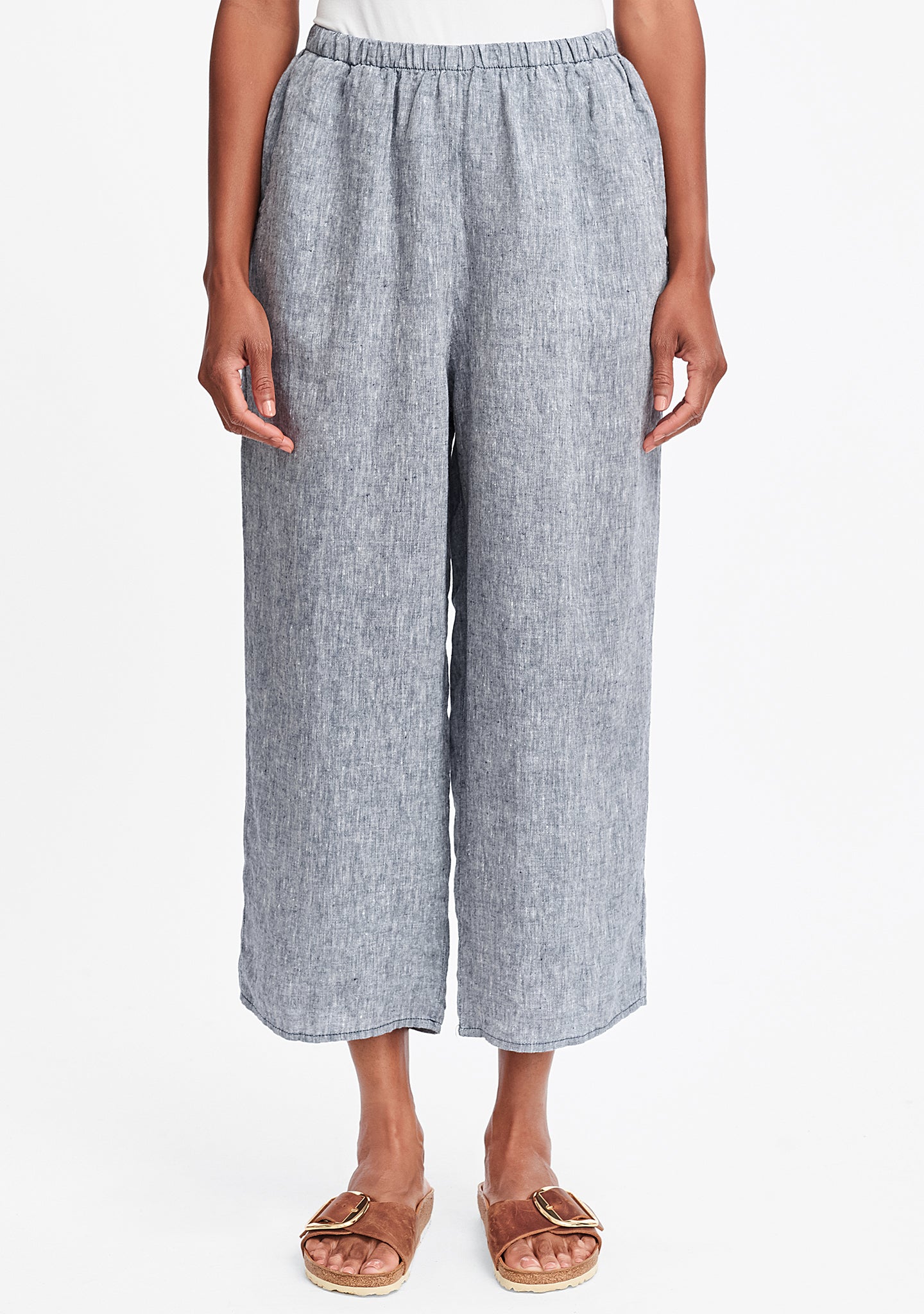 floods linen pants with elastic waist blue