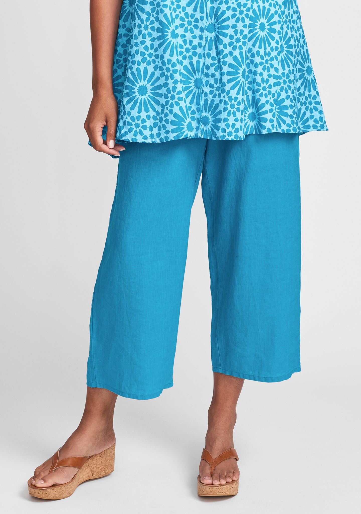 floods linen pants with elastic waist blue