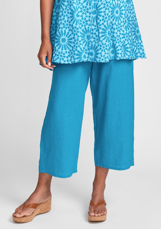 floods linen pants with elastic waist blue