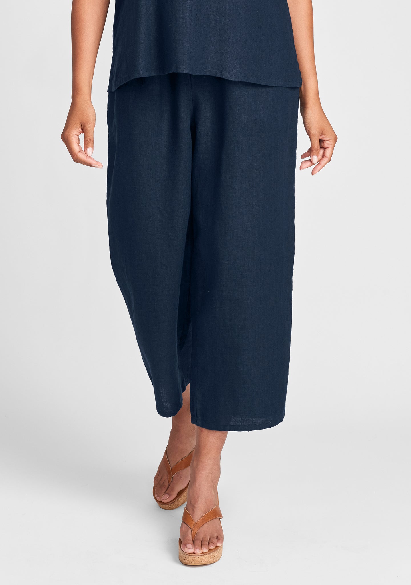 floods linen pants with elastic waist blue