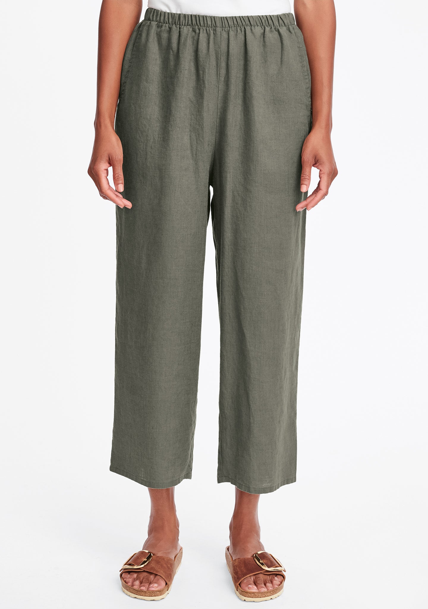 floods linen pants with elastic waist green