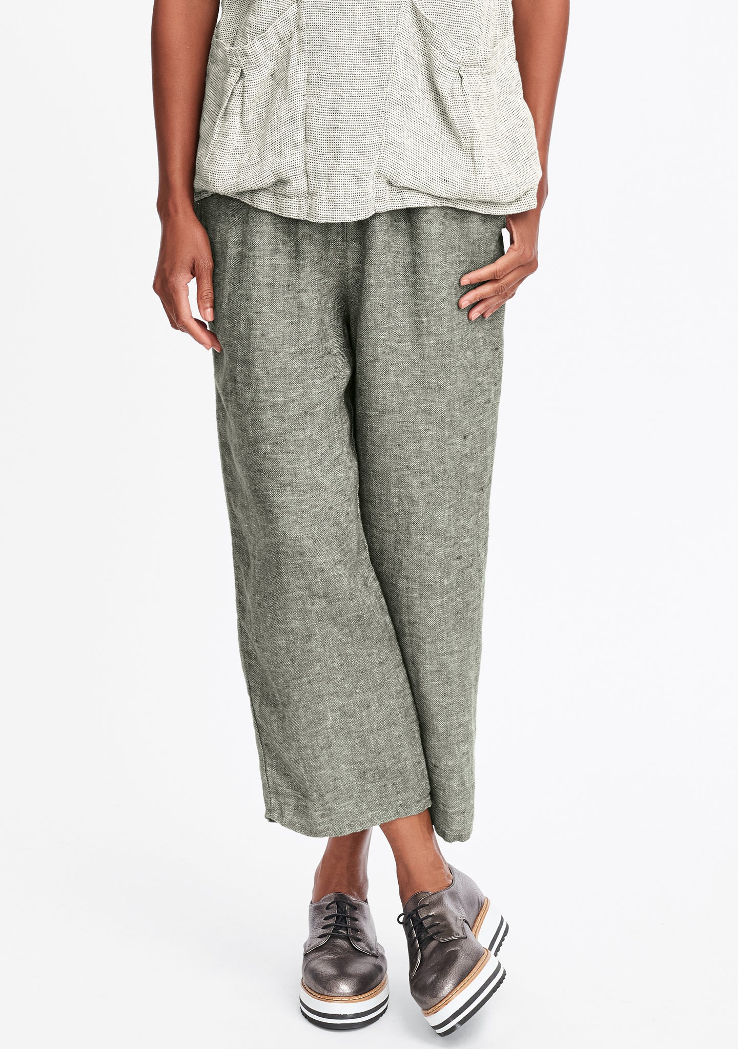floods linen pants with elastic waist green