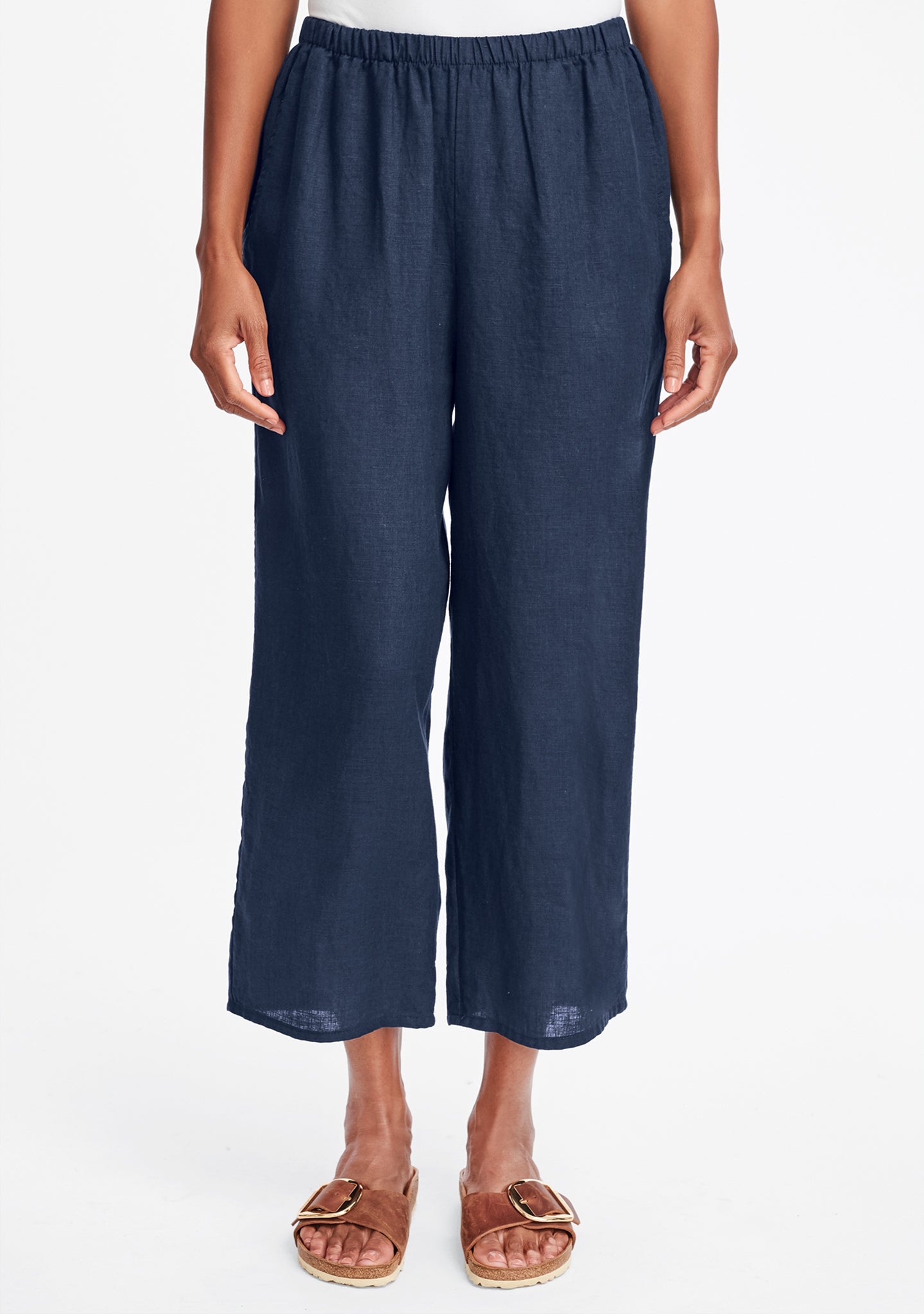 floods linen pants with elastic waist blue