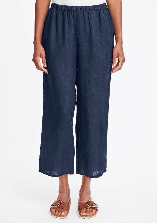 floods linen pants with elastic waist blue