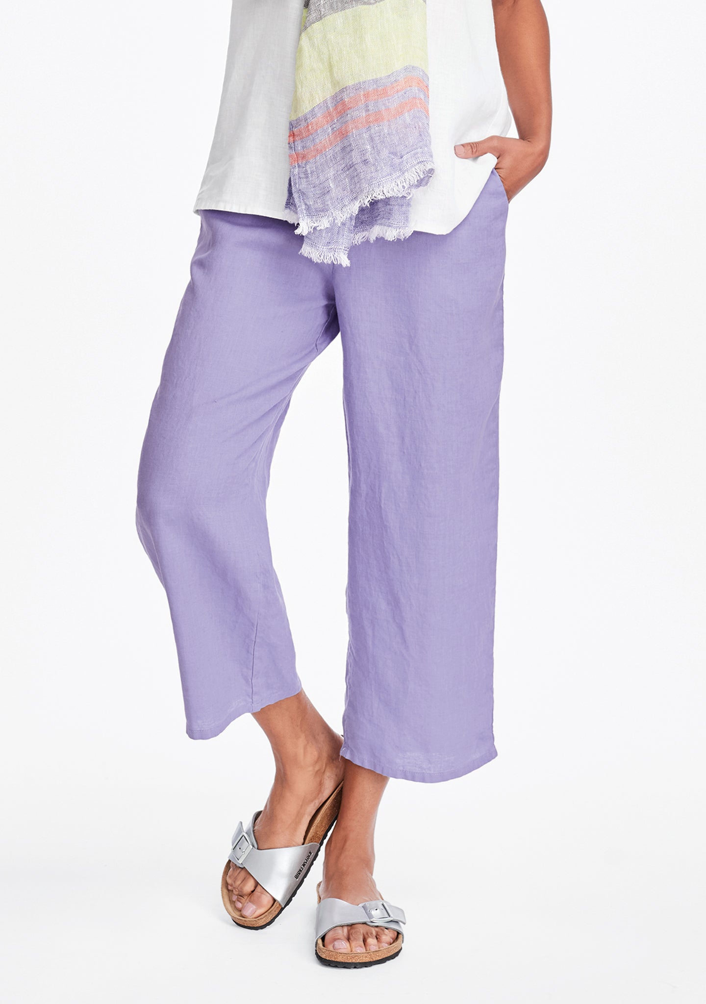 floods linen pants with elastic waist purple