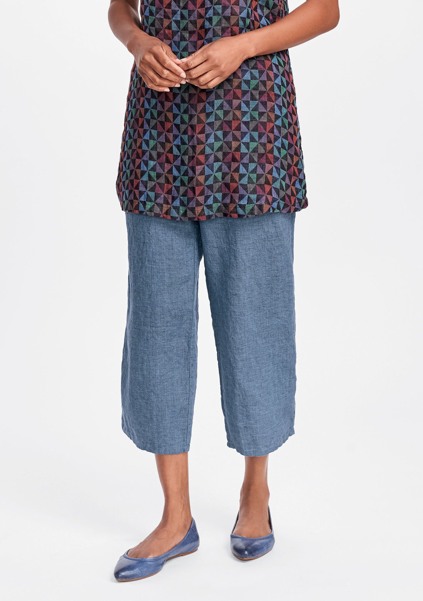 floods linen pants with elastic waist blue