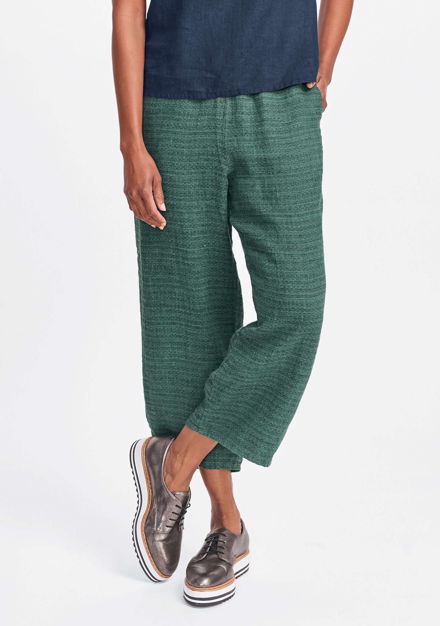 floods linen pants with elastic waist green