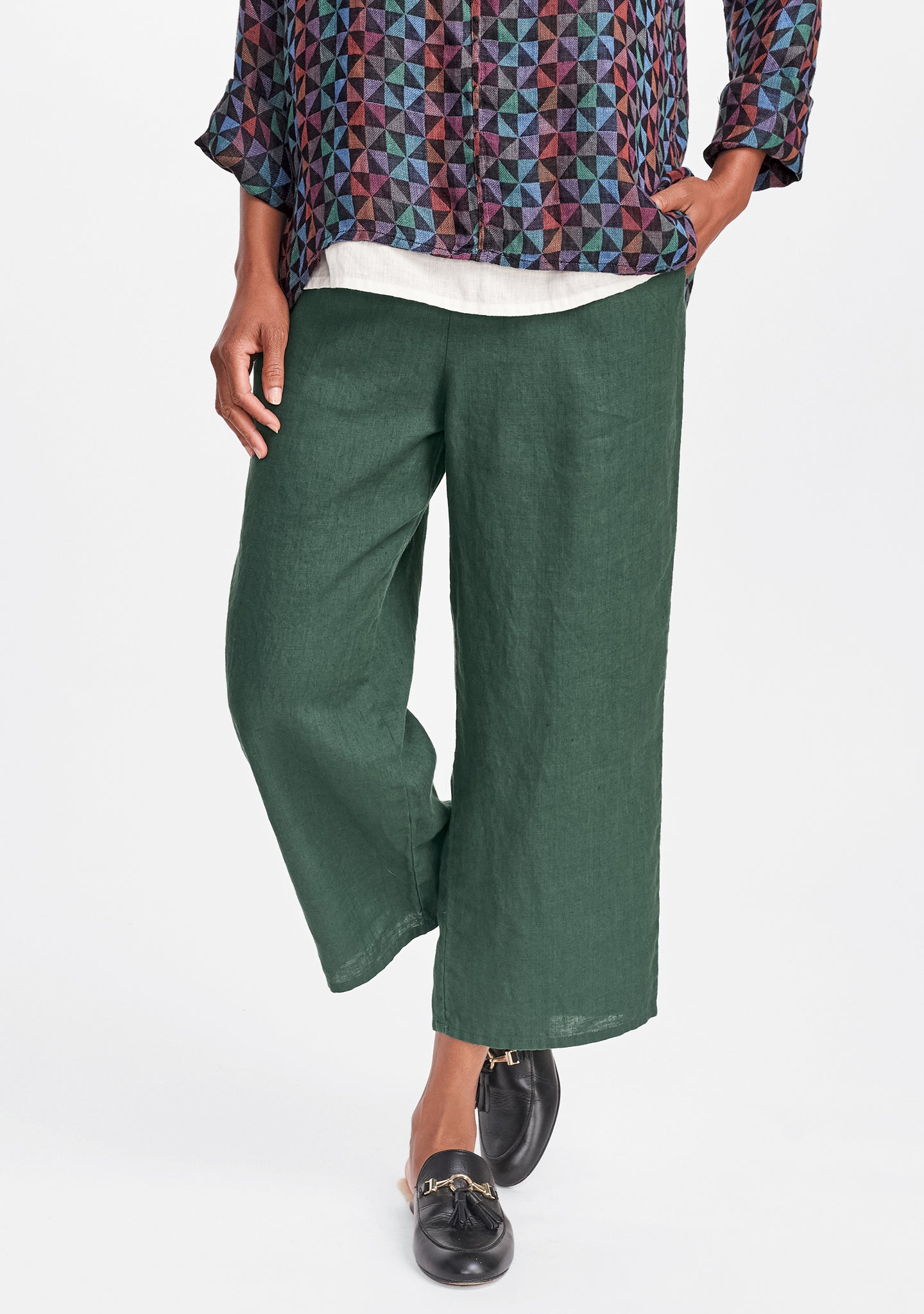 floods linen pants with elastic waist green