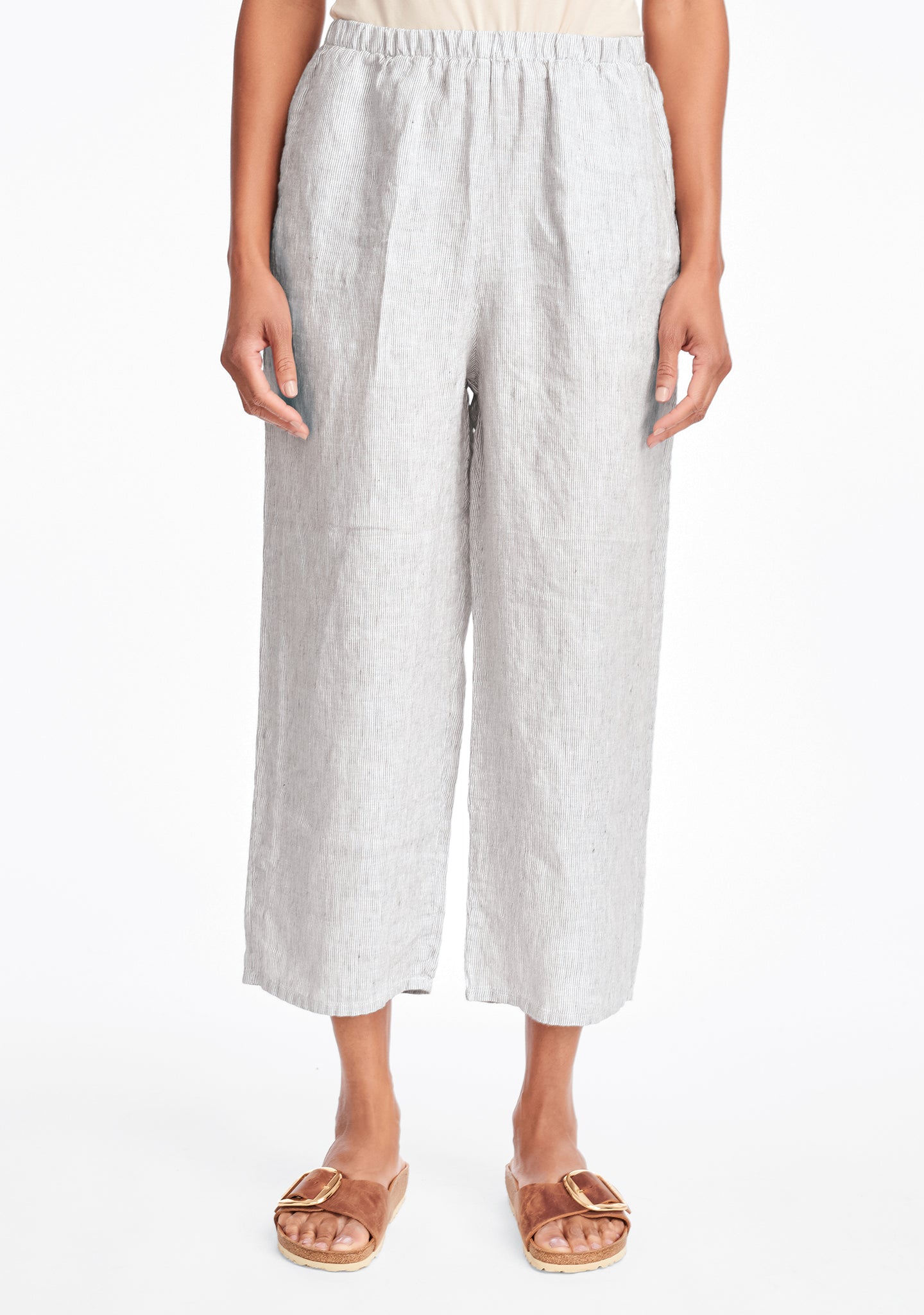 floods linen pants with elastic waist grey