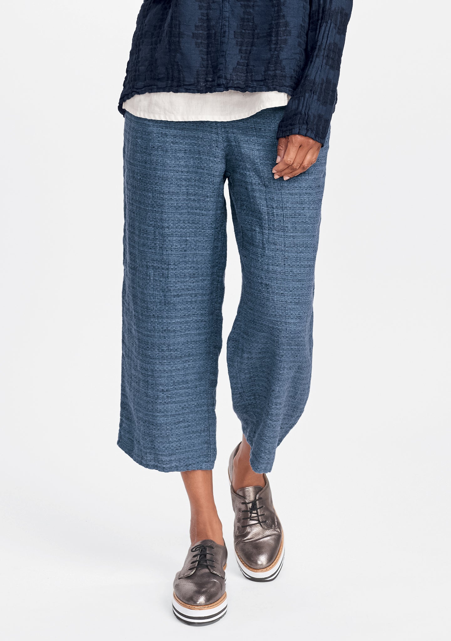 floods linen pants with elastic waist blue