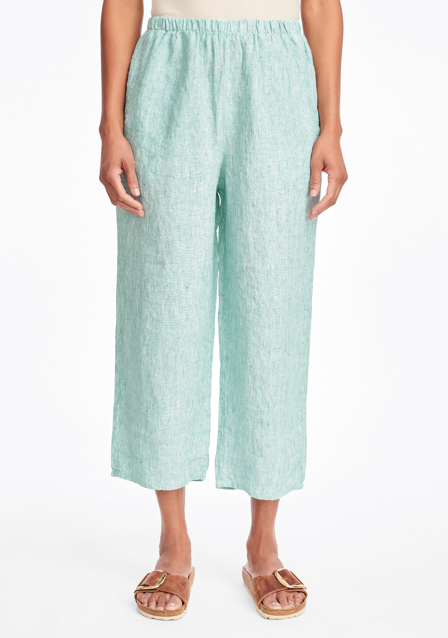 floods linen pants with elastic waist green