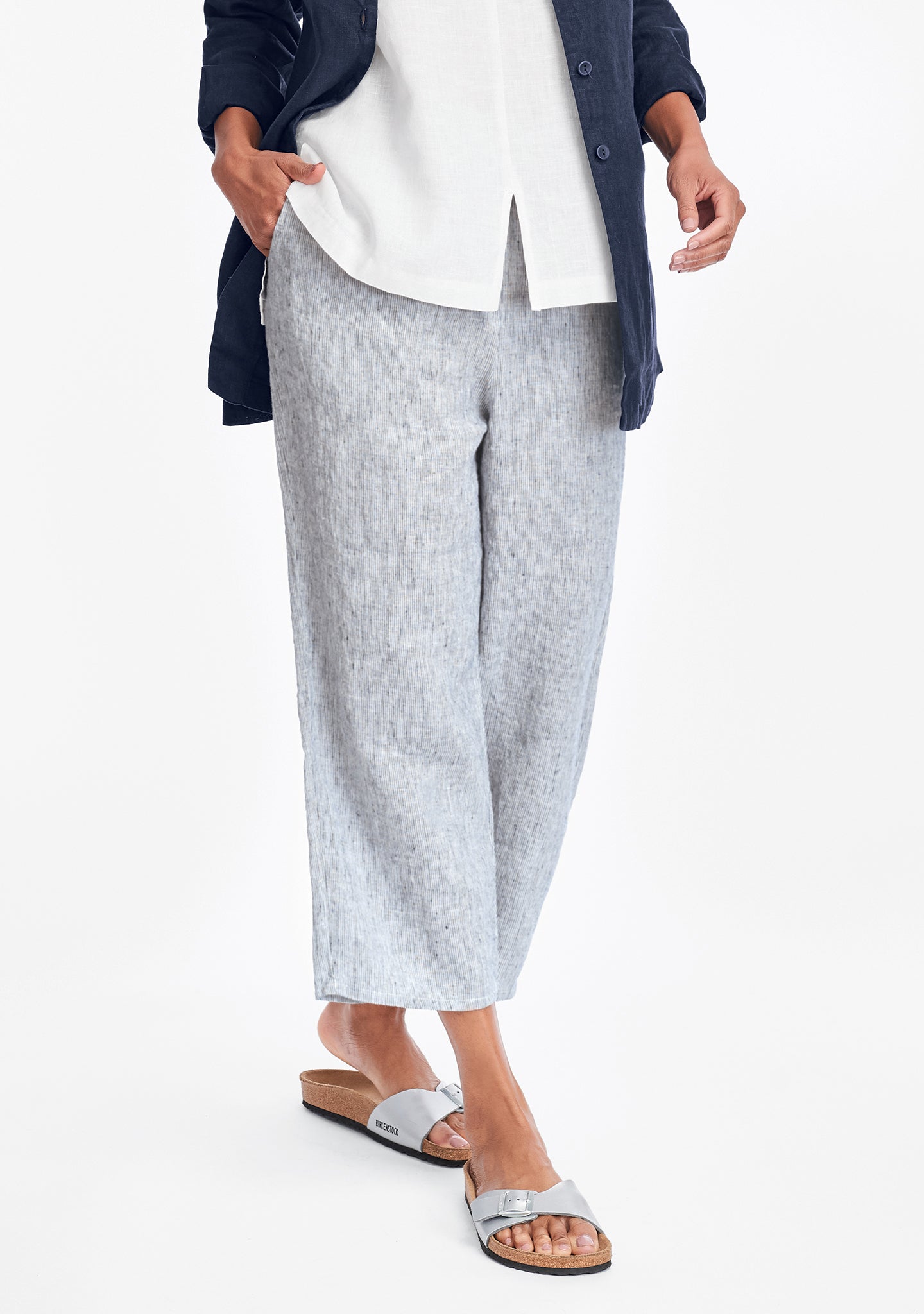 floods linen pants with elastic waist blue