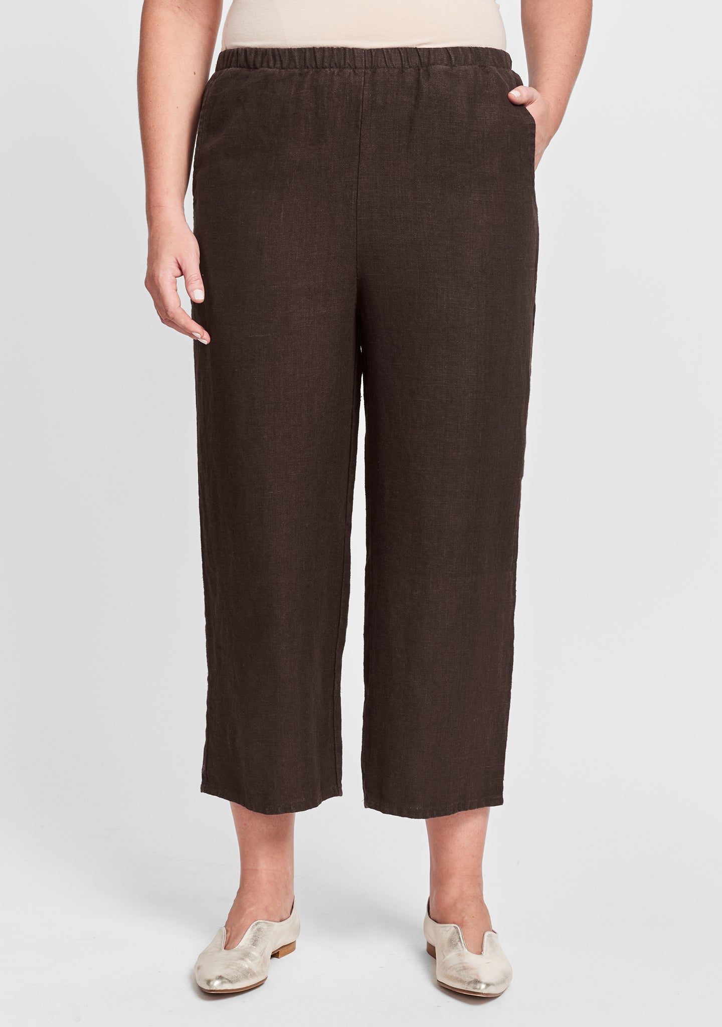 floods linen pants with elastic waist brown