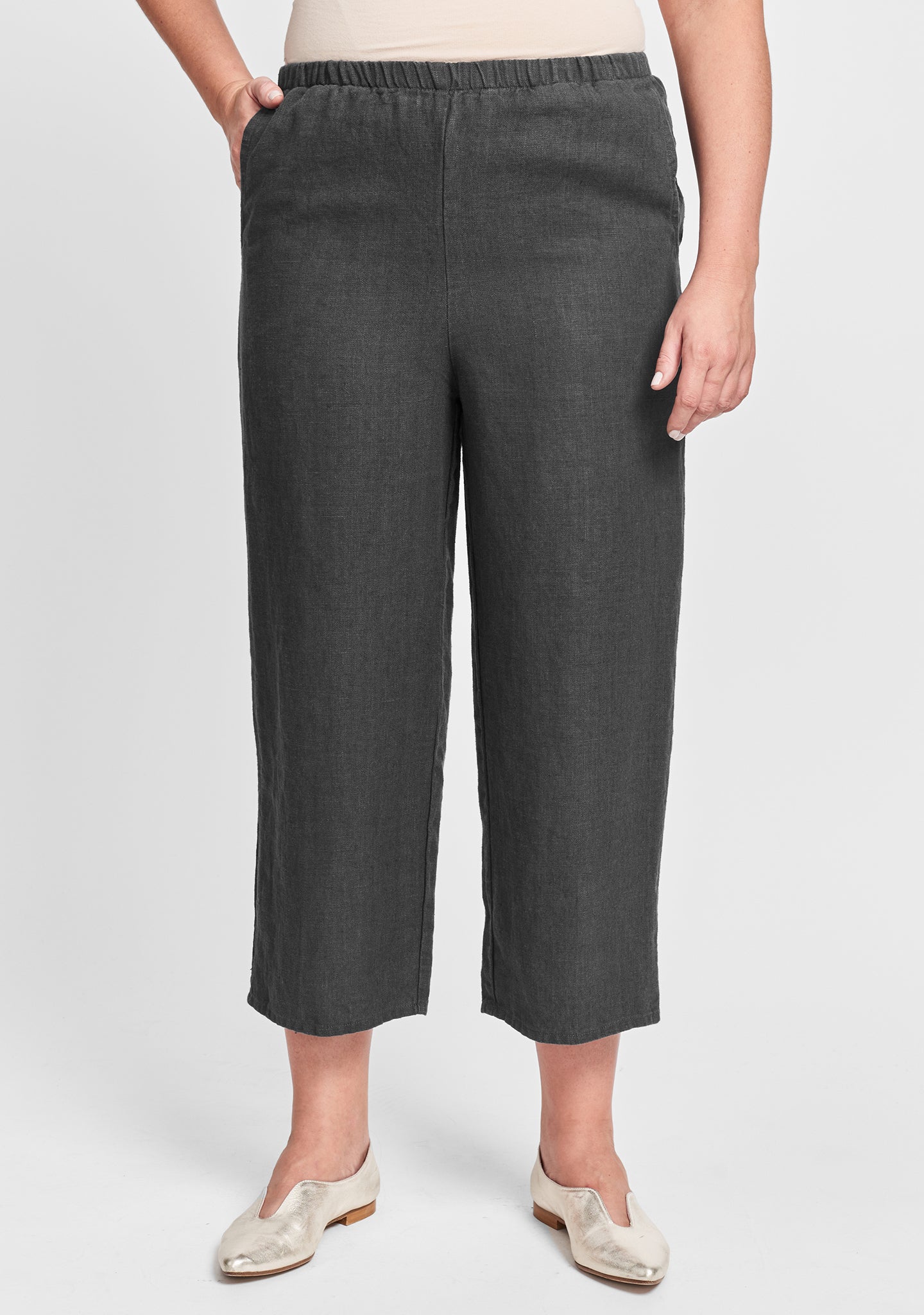 floods linen pants with elastic waist grey