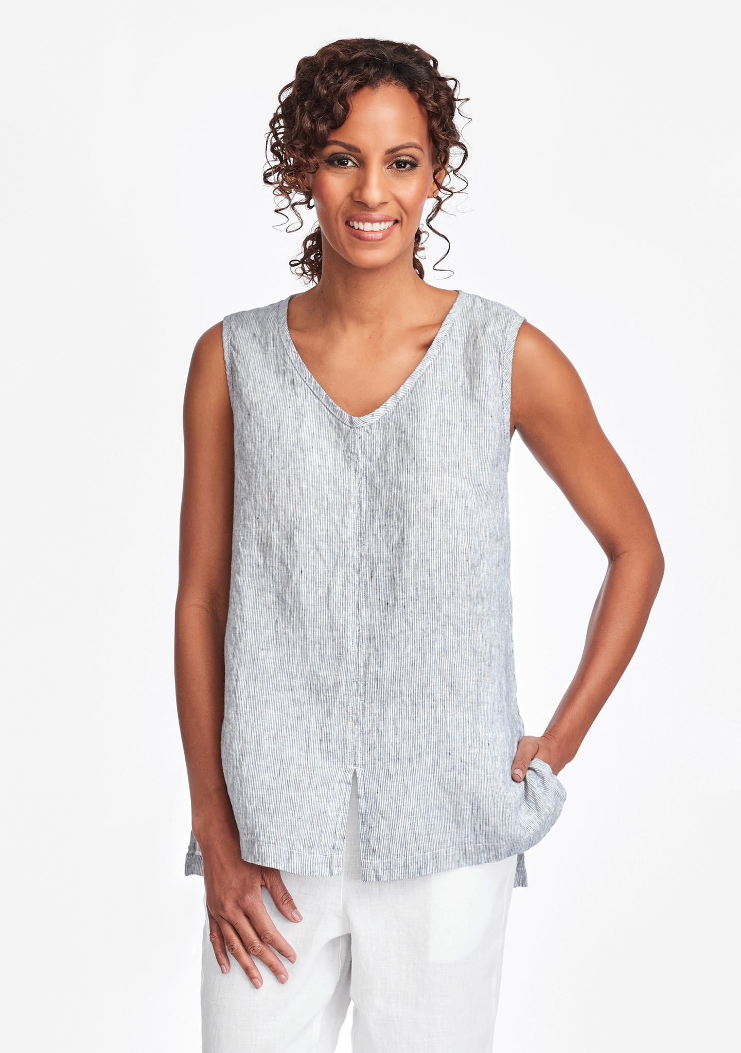 open tank linen tank top blue