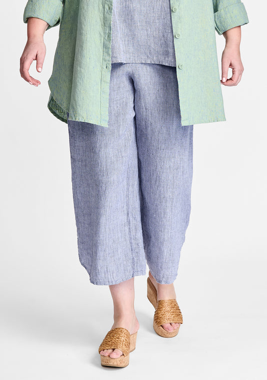 shirttail flood linen pants with elastic waist blue