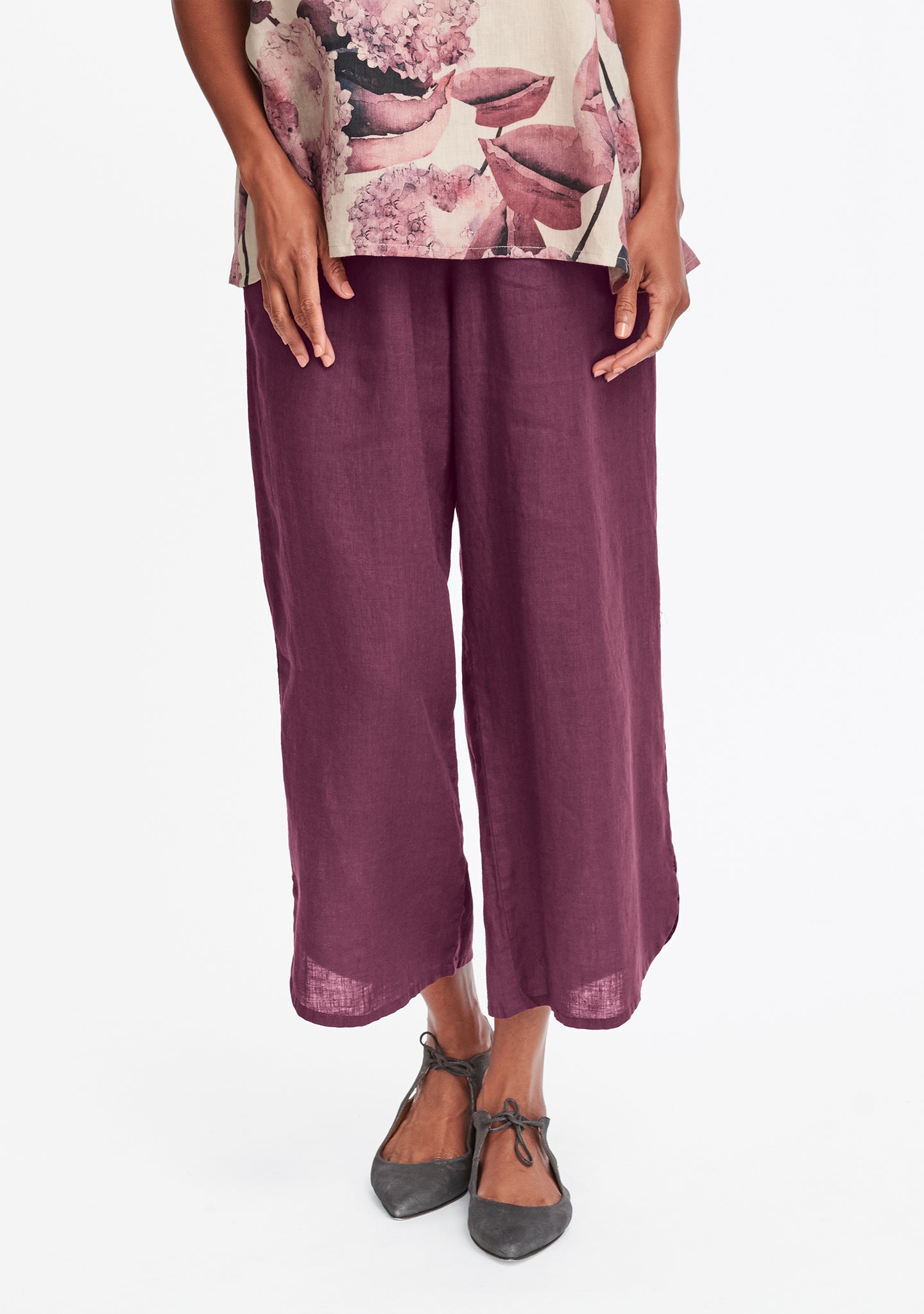shirttail flood linen pants with elastic waist red