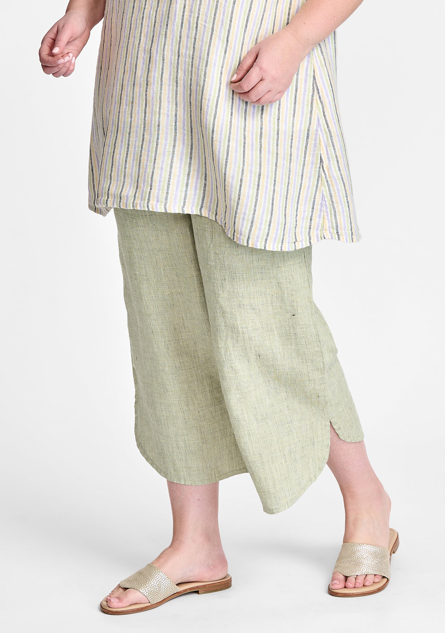 shirttail flood linen pants with elastic waist green