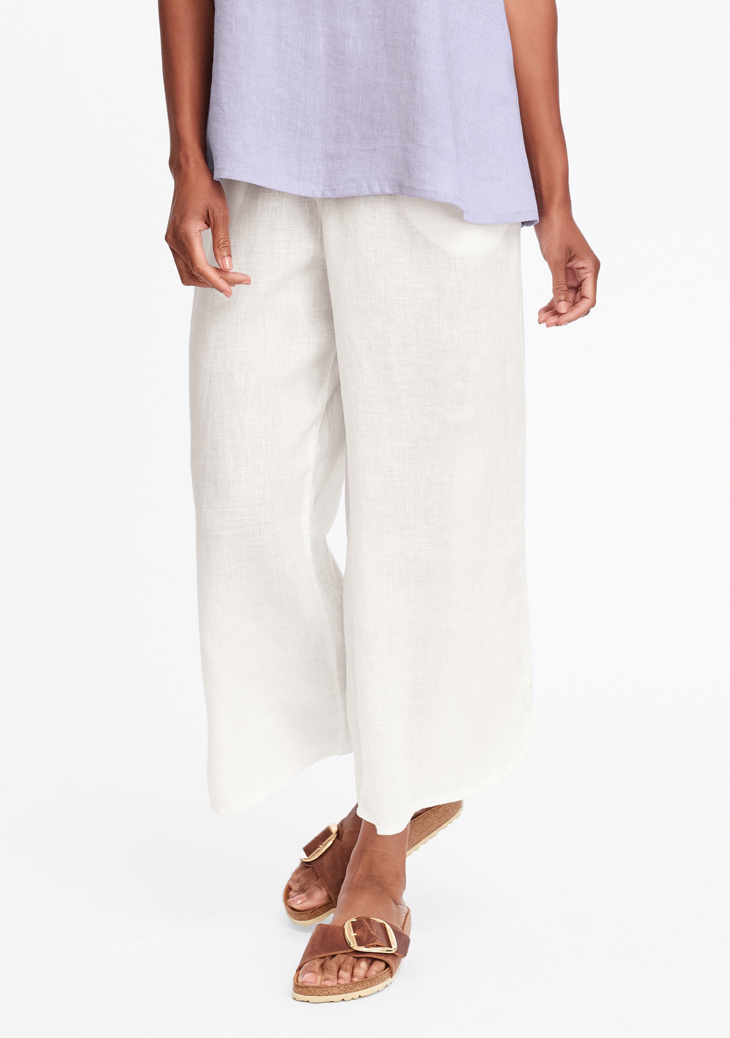 shirttail flood linen pants with elastic waist white