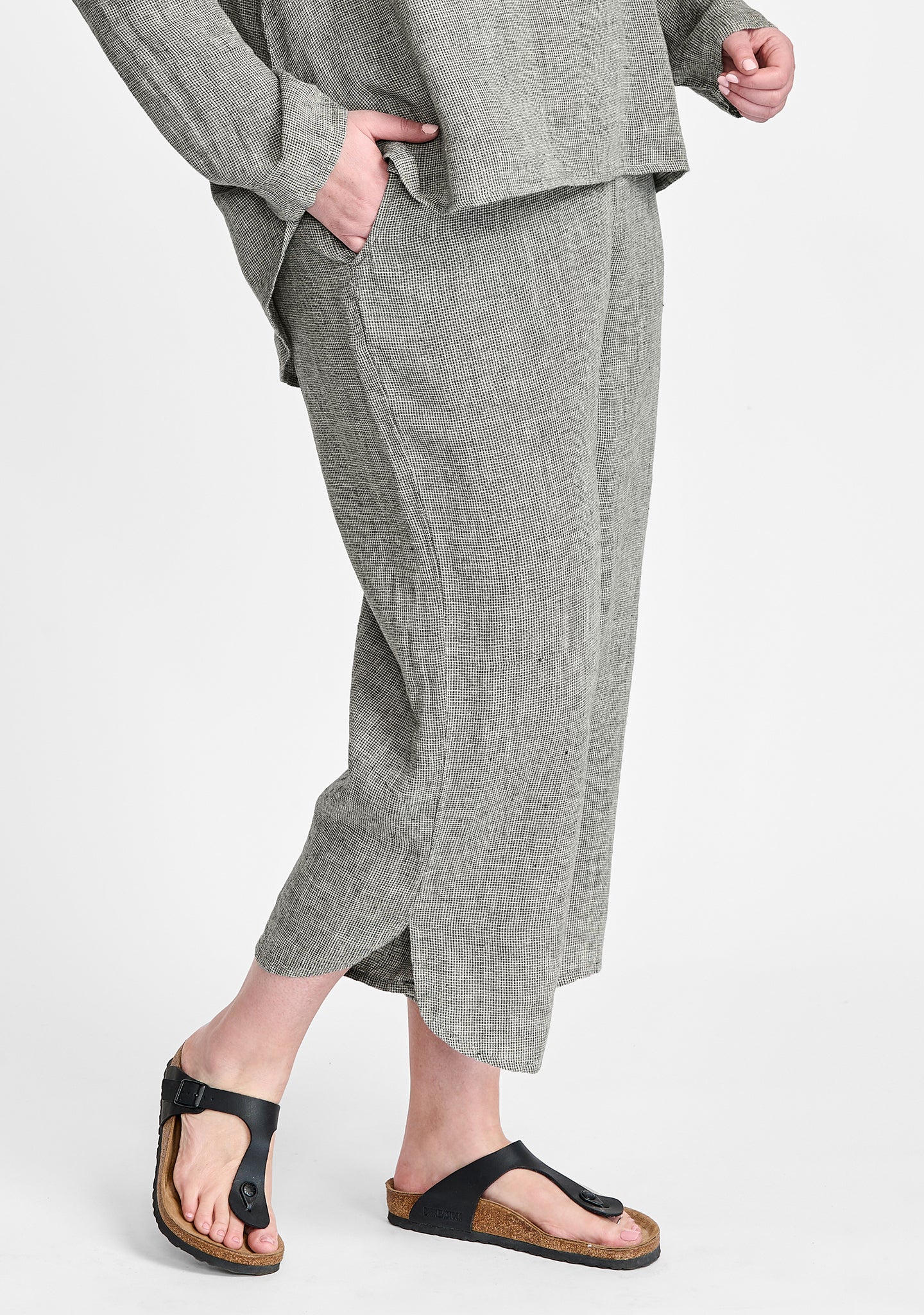 shirttail flood linen pants with elastic waist grey