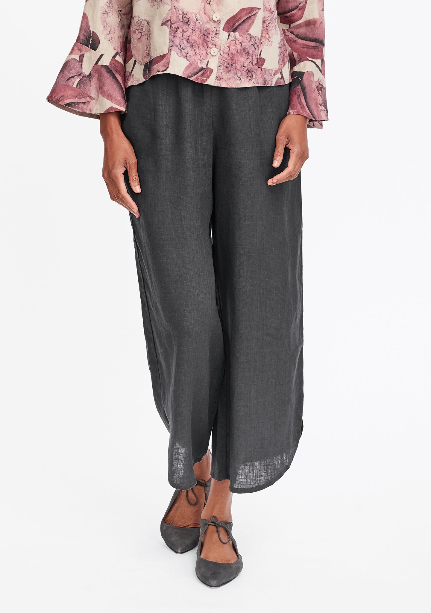 shirttail flood linen pants with elastic waist grey