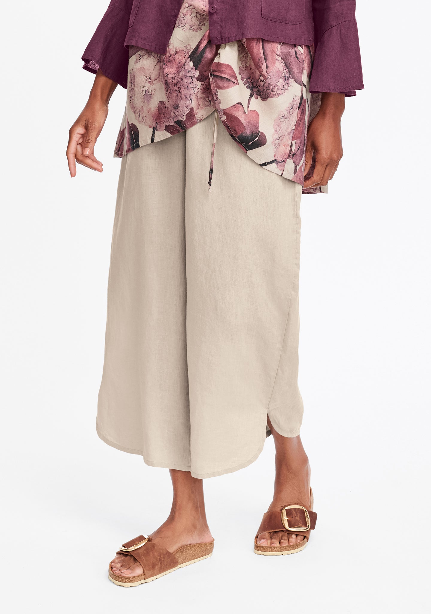 shirttail flood linen pants with elastic waist natural