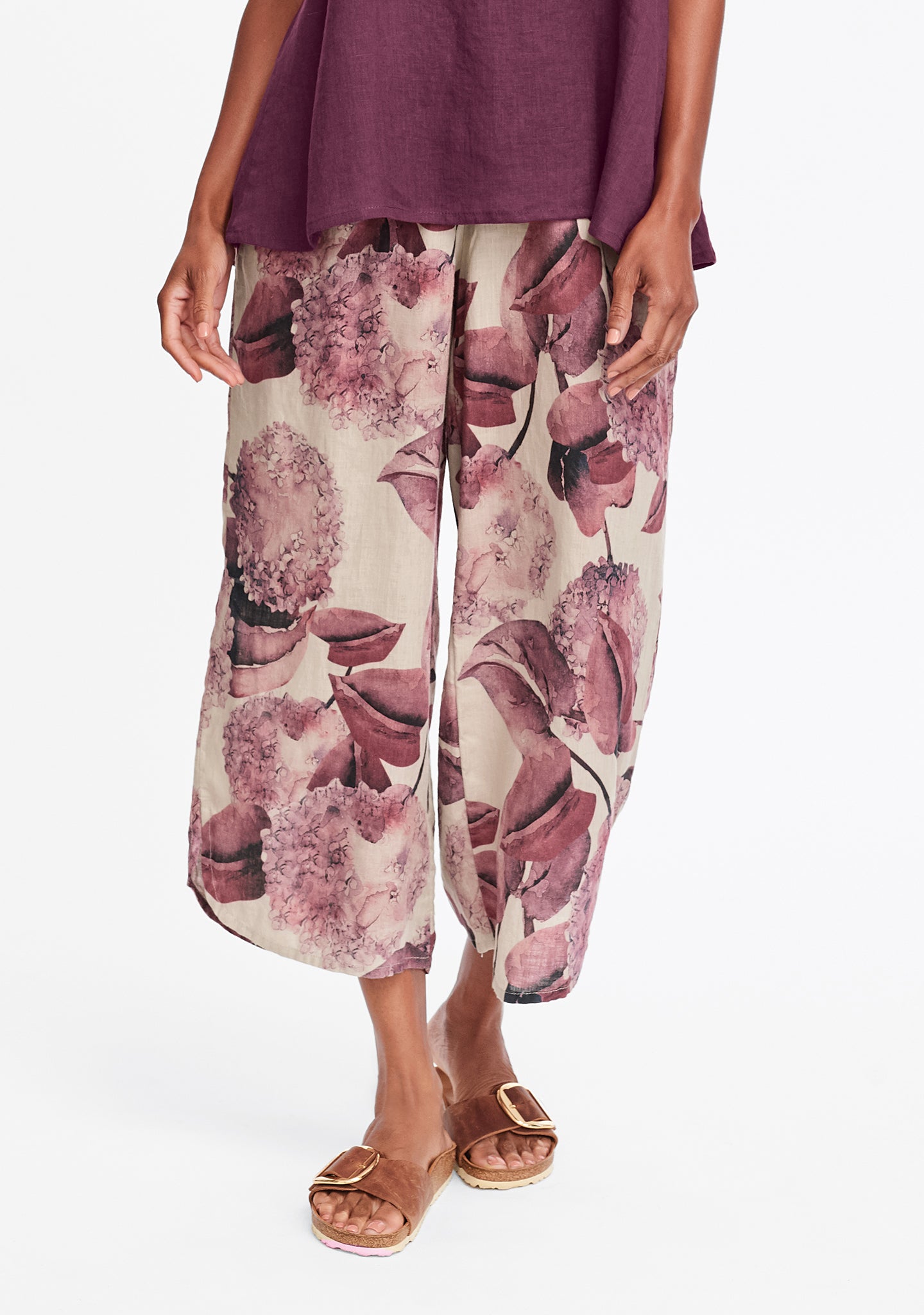 shirttail flood linen pants with elastic waist multi