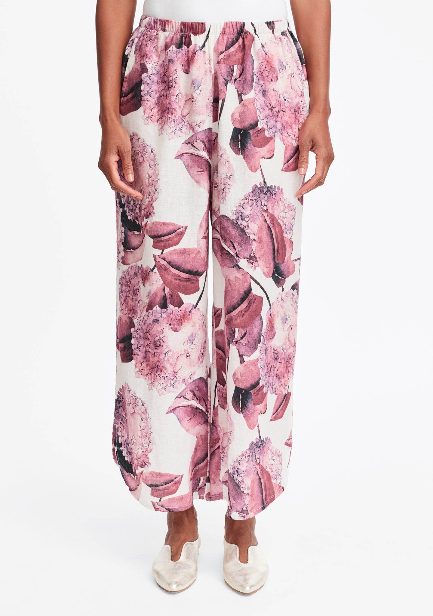 shirttail flood linen pants with elastic waist multi