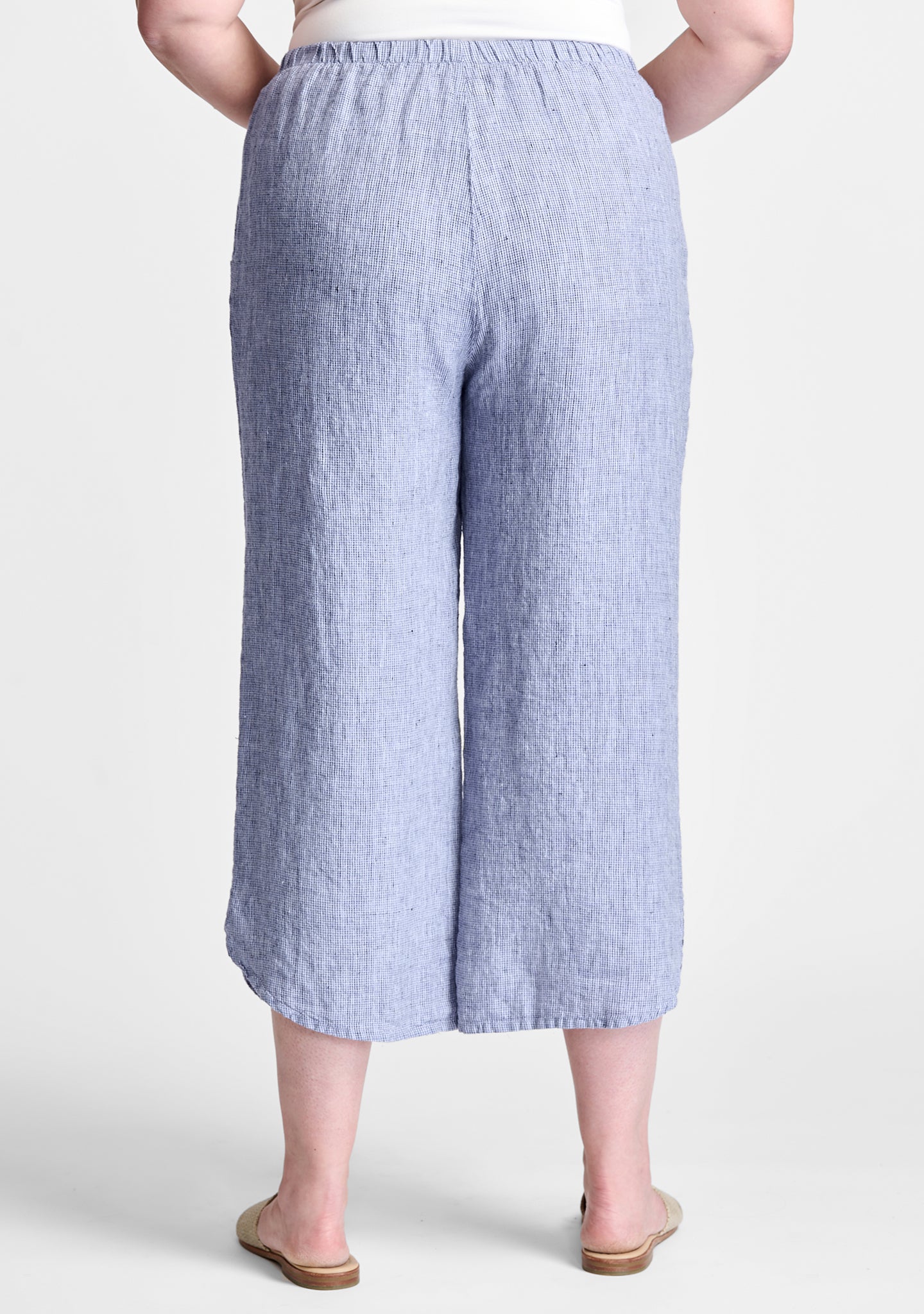 shirttail flood linen pants with elastic waist details